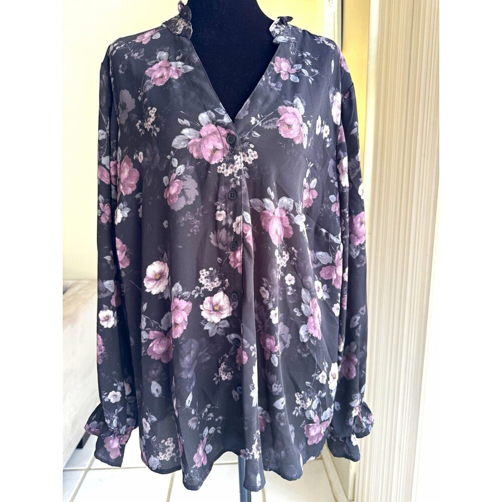 Torrid Women's Plus 1X Black/Pink/Gray Floral V-Neck Button Sheer Chiffon Blouse